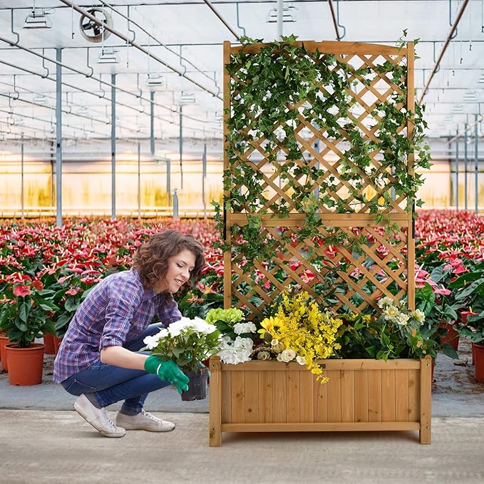 Giantex Planter Raised Bed with Trellis, 71" Wooden Garden Bed, High Trellis for Vine Plant Flower Climbing Pot Hanging, Indoor & Outdoor Planter Box for Yard, Garden, Balcony