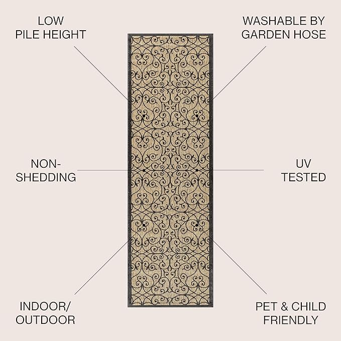 JONATHAN Y Vintage Filigree Indoor Outdoor Runner Rug 2X14 Black/Khaki, Madrid Textured Weave for Backyard, Patio, Porch, Easy-Cleaning, High Traffic, Pet-Friendly, Non-Shedding (SMB107A-214)