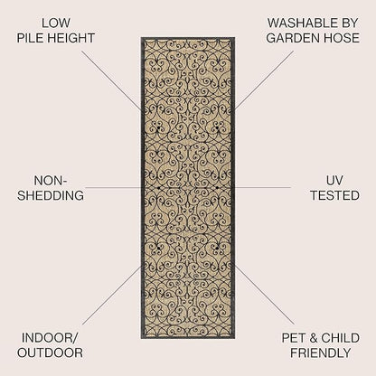 JONATHAN Y Vintage Filigree Indoor Outdoor Runner Rug 2X20 Black/Khaki, Madrid Textured Weave for Backyard, Patio, Porch, Easy-Cleaning, High Traffic, Pet-Friendly, Non-Shedding (SMB107A-220)