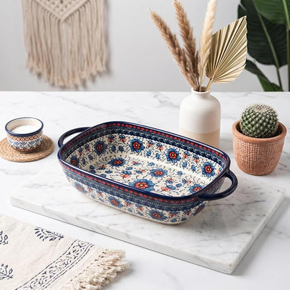 Ceramic Baking Dish with Handles, ceramic bakeware，Hand-painted Polish Pottery Baking Dish Set of 2,Baking Pan Lasagna Pan, Rectangular, Floral Pattern,baking tray Oven Safe 13.22x7.5x2.8 In (blue)