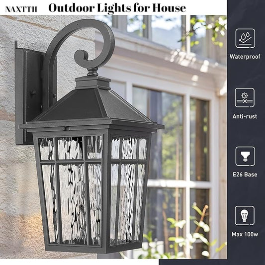 Outdoor Light Fixture 14 Inch Height Outside Wall Lights Black Finish and Water Ripple Glass Exterior Lights for House Garage Porch and Garden E26 Socket 2-Pack