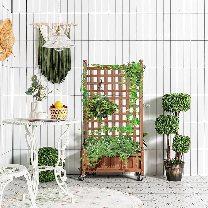 Giantex Mobile Plant Raised Bed, Wood Planter with Lattice Trellis and Wheels, Flower Box for Plant Climbing, Vertical Garden for Balcony Patio Yard, 25"x11"x 50"
