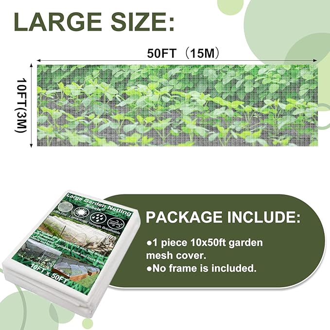 Rohuis Garden Netting Pest Barrier, 10 ft x 50 ft Ultra Fine Mesh Mosquito Cicada Bird Bug Net for Raised Garden Bed Greenhouse, Plant Row Cover for Protect Vegetables Fruits Flowers Trees from Insect