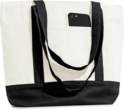 Carrywell (Not Made In China) Canvas Tote Bags with Zipper 3-Pack, 15" x 21", Heavy Duty Organic Cotton With Handles and Front Pocket, Reusable Shopping Totes