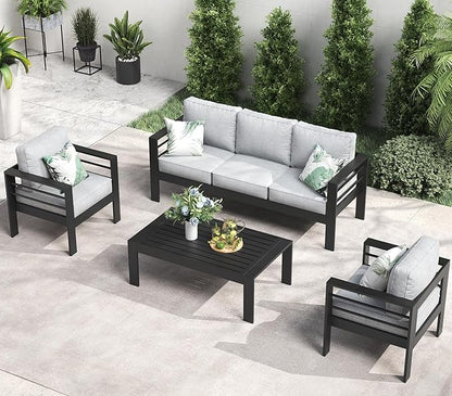 LayinSun Outdoor Aluminum Furniture Set, 4 Pieces Patio Sectional Conversation Chat Sofa Modern Seating Set with Coffee Table
