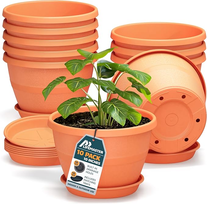 10-Inch Whiskey Barrel Planters Outdoor Pack of 10 - Durable Plastic Plant Pots for Indoor & Outdoor Use with Drainage & Saucer, Lightweight Rustic Barrel Planters for Flowers, Herbs & Small Plants