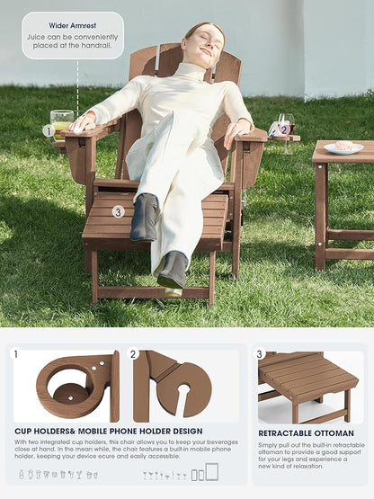 KINGYES Folding Adjustable Adirondack Chair with Ottoman & 2 Cup Holders Set of 2, HDEP Multifunctional Adirondack Chair with Footrest, Brown