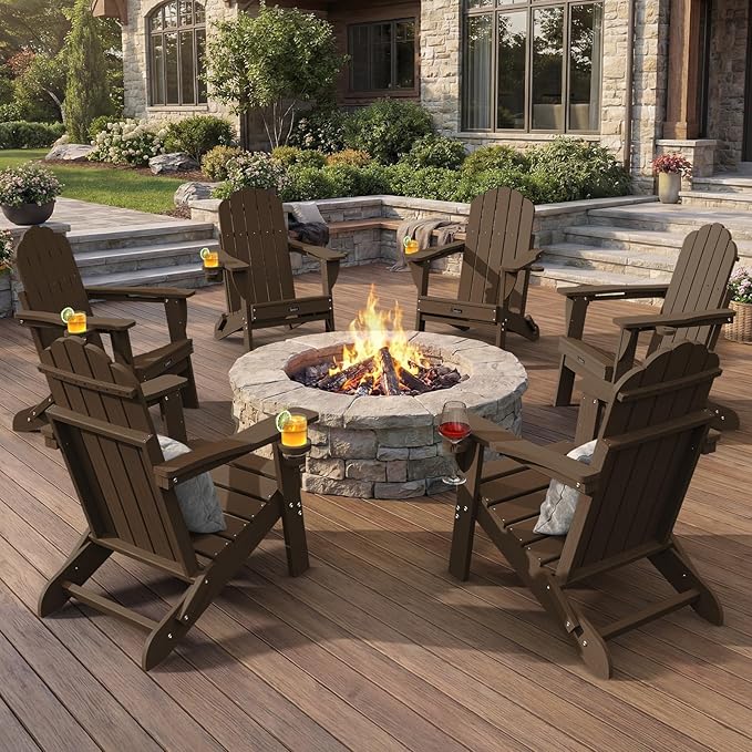 Adirondack Chairs Set of 6, Fire Pit Chairs, Wood Texture Patio Chairs with 2 Cup Holder, Outdoor Lawn Chair, Brown