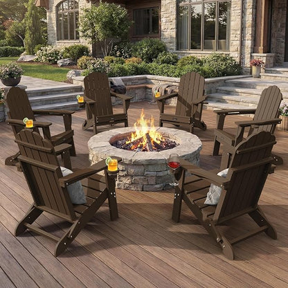 Adirondack Chairs Set of 6, Fire Pit Chairs, Wood Texture Patio Chairs with 2 Cup Holder, Outdoor Lawn Chair, Brown