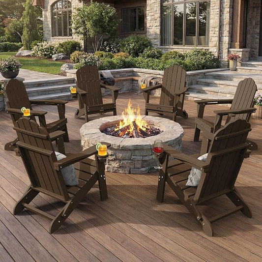 Adirondack Chairs Set of 6, Fire Pit Chairs, Wood Texture Patio Chairs with 2 Cup Holder, Outdoor Lawn Chair, Brown
