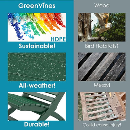 GREENVINES 3 Pieces Patio Furniture Set | Outdoor Bistro Sets for 2 | HDPE Plastic | Folding-Adirondack-Chairs-with-Side-Table | All Weather | Xavier Chair | for Porch Deck Poolside Backyard | Forest