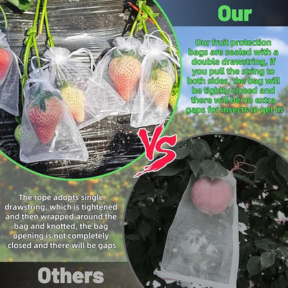 100Pcs Fruit Protection Bags, 4x6 Inch White Fruit Bags for Fruit Trees with Drawstring, Reusable Mesh Fruit Netting Cover Bags for Tomatoes, Strawberry, Vegetable