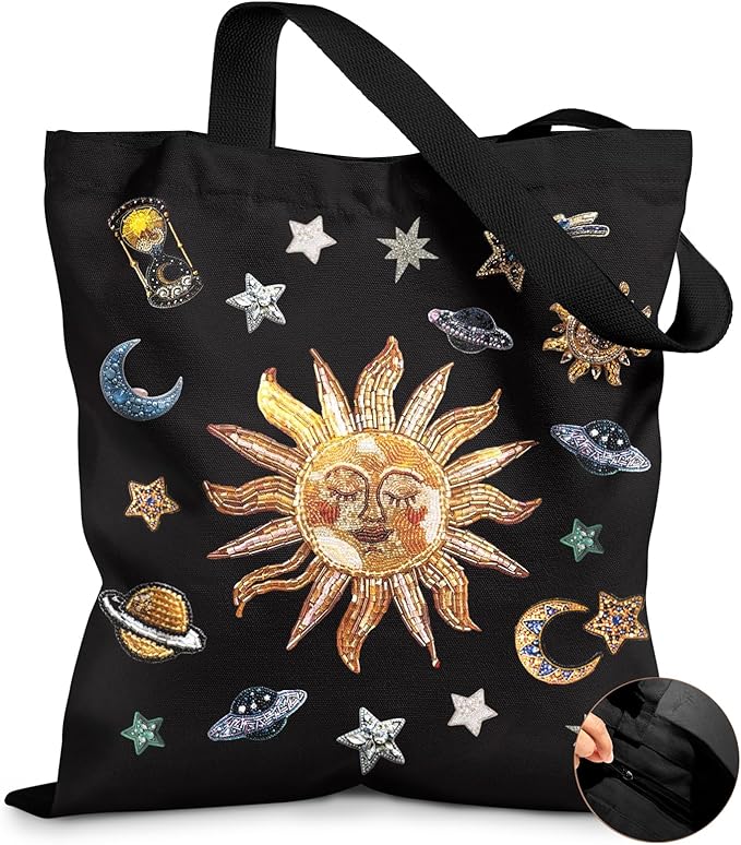 Miss Adola Canvas Tote Bag for Women – Aesthetic Canvas Bag with Zipper Cute Stylish Reusable Shoulder Totes for Shopping Work Daily Vacation, Sun Planets