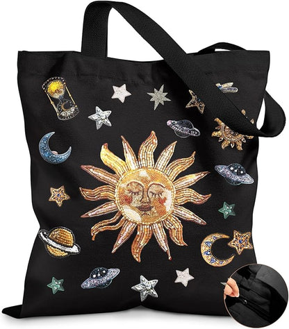 Miss Adola Canvas Tote Bag for Women – Aesthetic Canvas Bag with Zipper Cute Stylish Reusable Shoulder Totes for Shopping Work Daily Vacation, Sun Planets