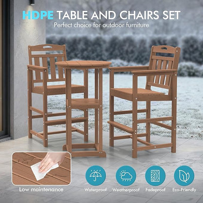 Ciokea Balcony Chairs and Table 3 Pieces Set, Outdoor High Top Bar Set, HDPE Oversized Adirondack Bar Chairs Set of 2 and Round Table for Outside Dining Bistro Poolside Backyard, Teak