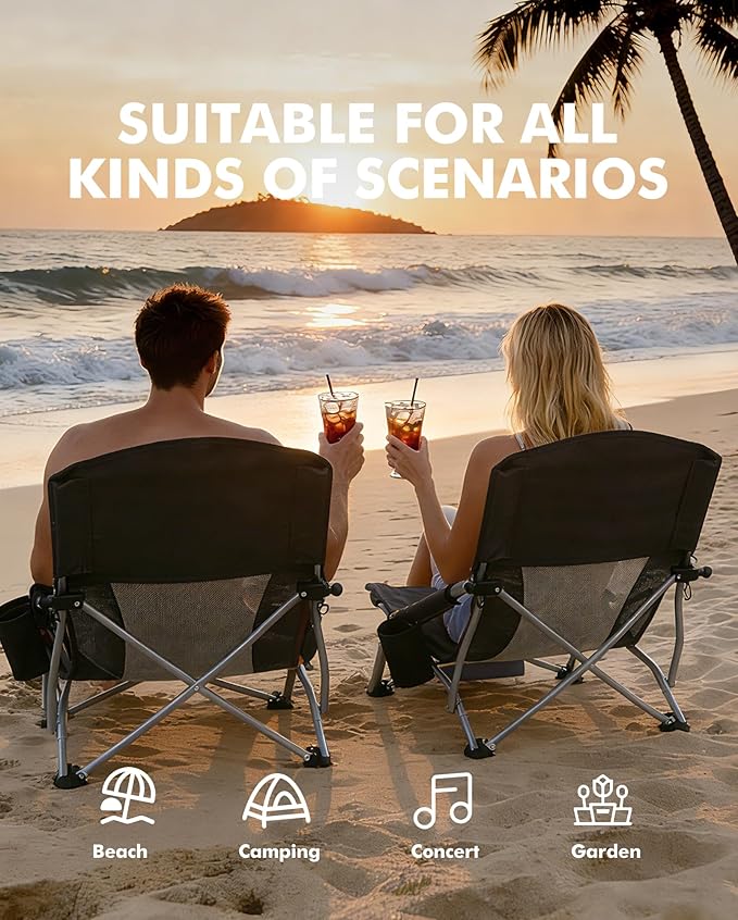 AKSOUL Folding Beach Chair for Adults: Low/High Back Chairs with Carry Bag - Extra Wide Seat Chair with Comfortable Pillow & Storage Pocket (1 Pack & 2 Pack, Blue)