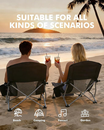 AKSOUL Folding Beach Chair for Adults: Low/High Back Chairs with Carry Bag - Extra Wide Seat Chair with Comfortable Pillow & Storage Pocket (1 Pack & 2 Pack, Blue)