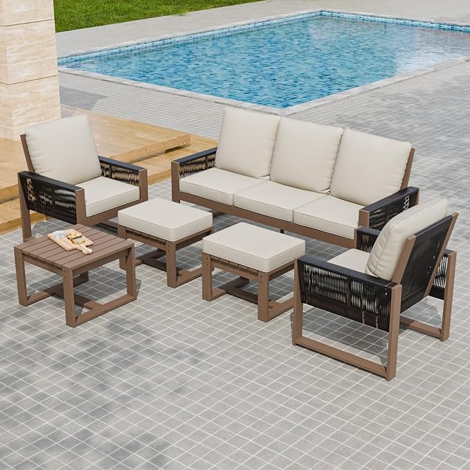 Rustic Hideaway Natural Cedar Wood Outdoor Furniture Set, Wicker Patio Conversation Set for Porch Garden Backyard, Couch, 2 Patio Chairs, Side Table and 2 Ottomans, 6 Piece, Brownish/Beige