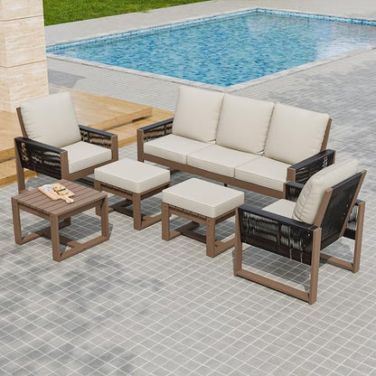 Rustic Hideaway Natural Cedar Wood Outdoor Furniture Set, Wicker Patio Conversation Set for Porch Garden Backyard, Couch, 2 Patio Chairs, Side Table and 2 Ottomans, 6 Piece, Brownish/Beige