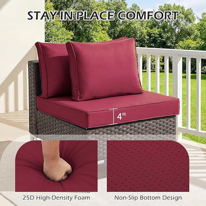 HOMREST 14-Piece Patio Replacement Cushions Set, Deep Seat 25x25 Inch Outdoor Sofa Cushions, Waterproof & Non-Slip Bottom, for 6-Seat Rattan Wicker Sectional Furniture,Burgundy