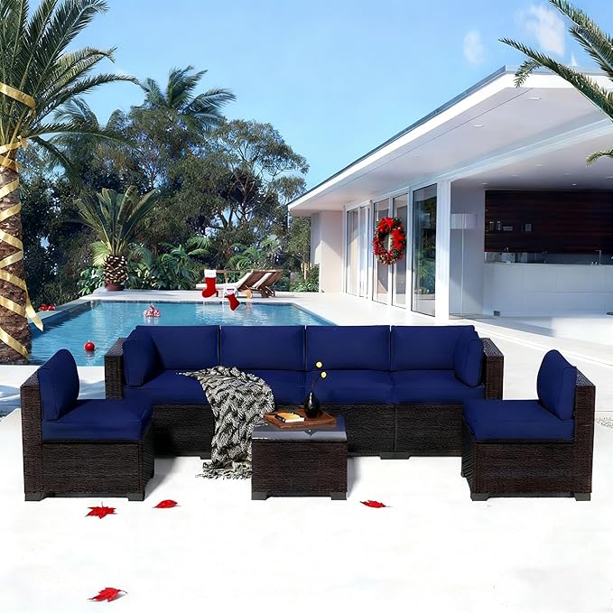 7-Piece Outdoor Sectional Patio Furniture Set, All-Weather Wicker Rattan Sofa w/Thick Washable Cushions & Tempered Glass Table, Perfect for Garden, Poolside, Backyard (7, Darkbrown&Navy Blue)