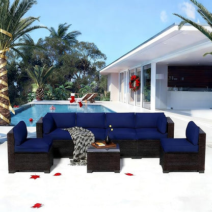 7-Piece Outdoor Sectional Patio Furniture Set, All-Weather Wicker Rattan Sofa w/Thick Washable Cushions & Tempered Glass Table, Perfect for Garden, Poolside, Backyard (7, Darkbrown&Navy Blue)