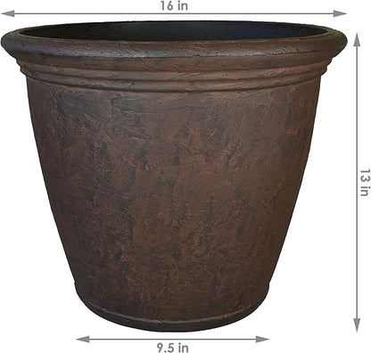 Sunnydaze 15.25-Inch Anjelica Large Plastic Pot for Plants - Double-Walled Outdoor Polyresin Round Planter with Drillable Drainage Holes - Rust - 4pk