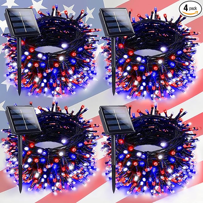 4pk Solar Christmas Lights Outdoor, Red White and Blue Solar String Lights, 400LED 132FT LED 4th of July Light Waterproof, Solar Fairy Twinkle Light for Xmas Tree Independence Day Party Decorations