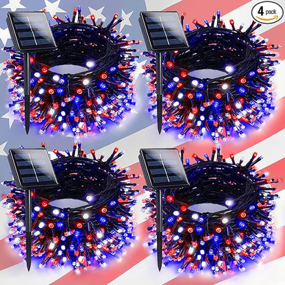 4pk Solar Christmas Lights Outdoor, Red White and Blue Solar String Lights, 400LED 132FT LED 4th of July Light Waterproof, Solar Fairy Twinkle Light for Xmas Tree Independence Day Party Decorations