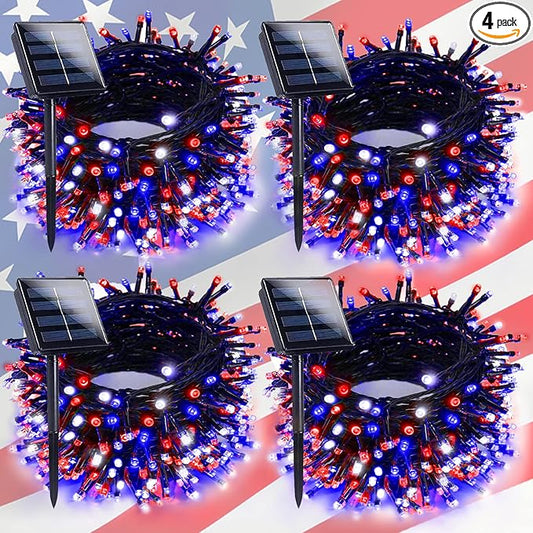 4pk Solar Christmas Lights Outdoor, Red White and Blue Solar String Lights, 400LED 132FT LED 4th of July Light Waterproof, Solar Fairy Twinkle Light for Xmas Tree Independence Day Party Decorations