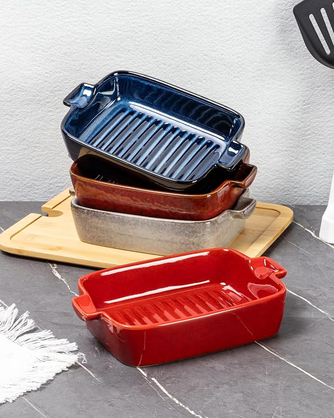 Ceramic Baking Dishes, 18 oz Au Gratin Pans, Set of 4 | Assorted Reactive Glaze, Individual Baking & Serving, Ideal for Lasagna, Mac & Cheese, Casseroles & Baked Pasta, Oven Safe