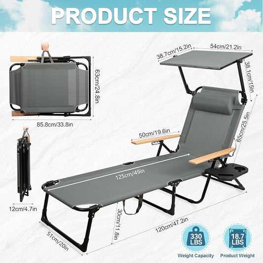 Outdoor Chaise Lounge Chair with 4-Position Adjustable Backrest,Patio Folding Sun Tanning Chair,Pillow & Cup Holder,Portable Recliner Sunbathing Lounger Chairs for Beach Garden (Grey with Shade)