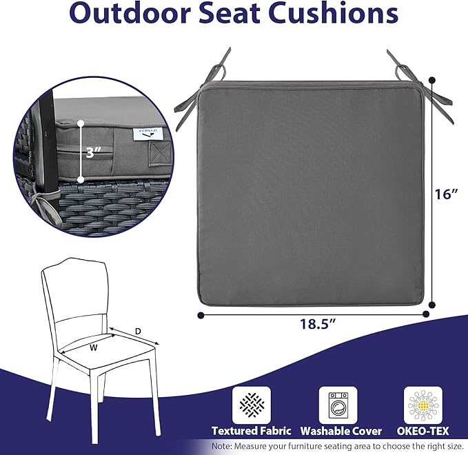Outdoor Chair Cushions Set of 4,Waterproof Outdoor Seat Cushions for Patio Furniture,Patio Chair Cushion with Handle and Ties, Square Out Door Chair Pads,18.5" x 16" x 3", Darkgrey