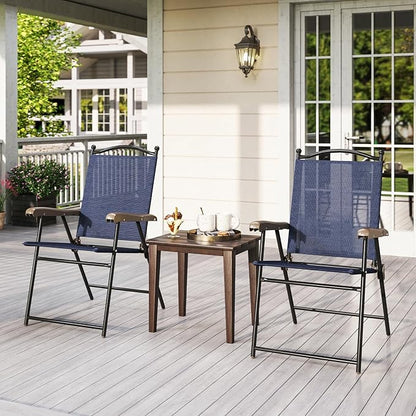 Tangkula Set of 4 Patio Folding Dining Chairs, Outdoor Sling Lawn Chairs with Armrests, Steel Frame, Portable Camping Lounge Chairs for Backyard, Deck, Poolside and Garden, No Assembly (2, Navy)
