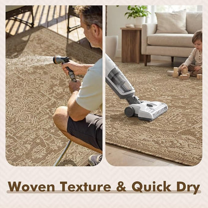 MontVoo-Outdoor Rug-Patio Rug 8x10 Polypropylene Indoor Outdoor Rugs Carpet for Patio Deck Balcony Porch, Textured Weave, Durable for High Traffic, Fade-Resistant, Vintage Medallion Neutral Brown