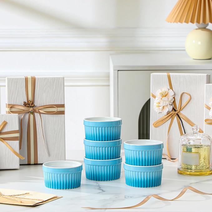 MALACASA Ramekins 4 oz Oven Safe, Small Ceramic Souffle Dishes for Creme Brulee Souffle, Stoneware Custard Cups Ramiken for Baking, Baking Bowls Dipping Sauce Dish Set of 6, Blue, Series RAMEKIN-DISH
