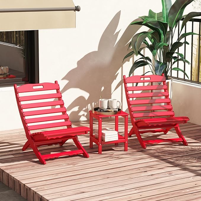 GREENVINES 3 Pieces Patio Furniture Set | Outdoor Bistro Sets for 2 | HDPE Plastic | Folding-Adirondack-Chairs-with-Side-Table | All Weather | Xavier Chair | for Porch Deck Poolside Backyard | Red