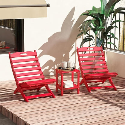 GREENVINES 3 Pieces Patio Furniture Set | Outdoor Bistro Sets for 2 | HDPE Plastic | Folding-Adirondack-Chairs-with-Side-Table | All Weather | Xavier Chair | for Porch Deck Poolside Backyard | Red