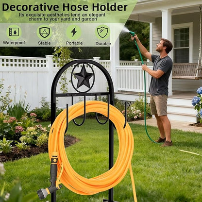 Garden Hose Holder - Upgraded Sturdy Hose Pentagram Holder, Freestanding Heavy-Duty Hose Reel, Sturdy Water Hose Holder and Hose Storage for Outside, Lawns and Yards,Black