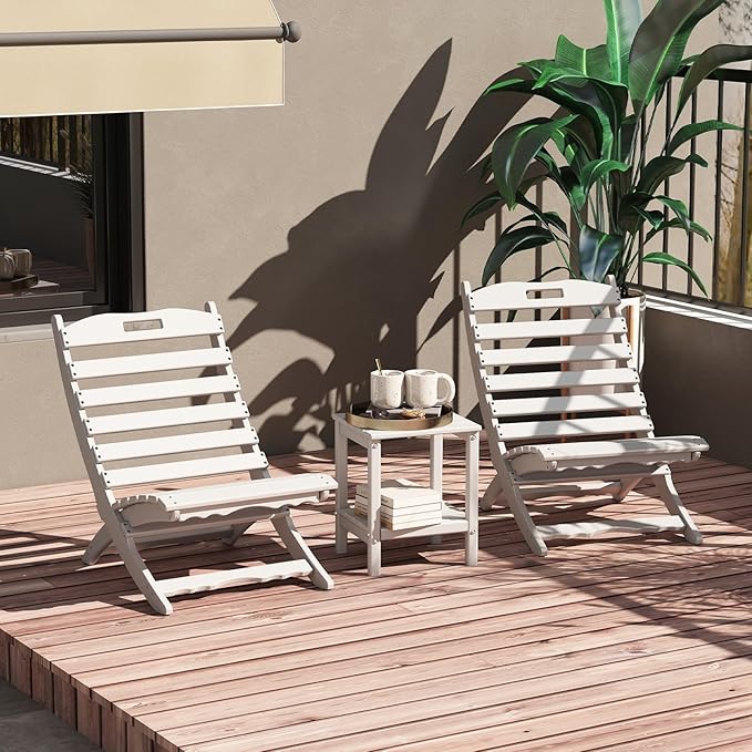 GREENVINES 3 Pieces Patio Furniture Set | Outdoor Bistro Sets for 2 | HDPE Plastic | Folding-Adirondack-Chairs-with-Side-Table | All Weather | Xavier Chair | for Porch Deck Poolside Backyard | White
