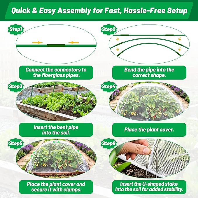 Tetutor Garden Mesh Netting Kit,7 Sets Wide Garden Hoops with 10x30 ft Garden Covers Bird Netting& 12 Clips, Garden Protection for Raised Beds Greenhouse Vegetable Plants Flowers Green