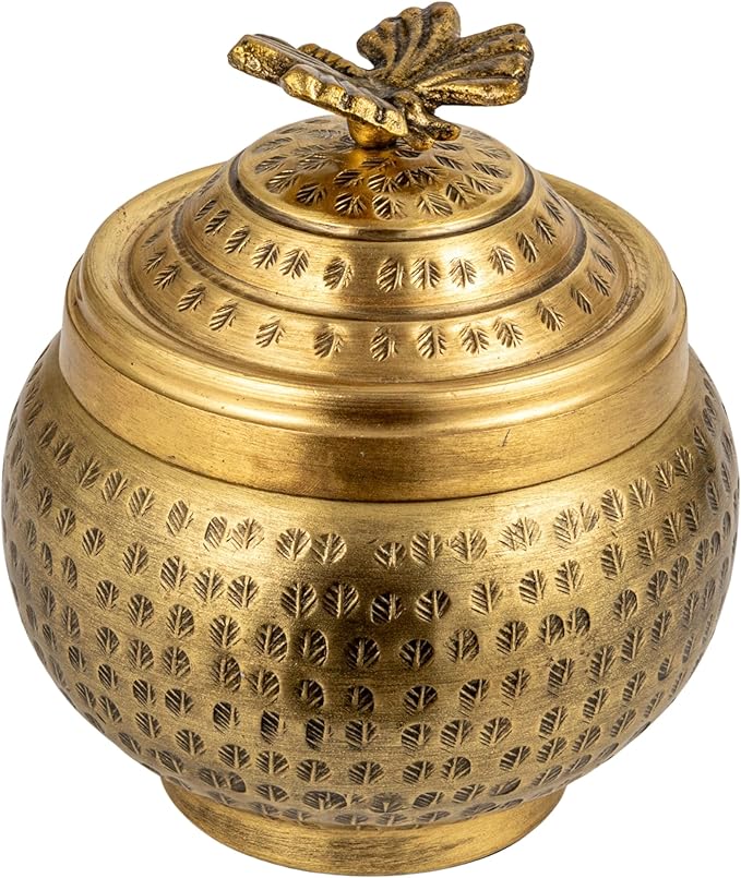Creative Co-Op Round Hammered Metal Container with Butterfly Finial, Brass Finish