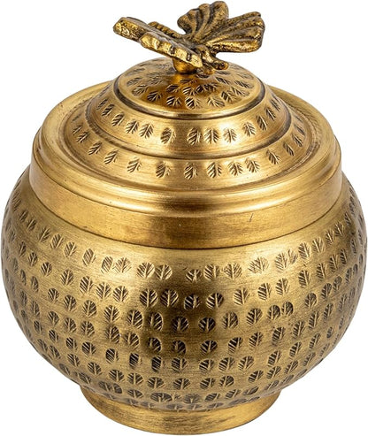 Creative Co-Op Round Hammered Metal Container with Butterfly Finial, Brass Finish