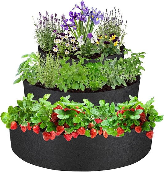 3 Tiered Strawberry Planter, Fabric Raised Garden Bed Non-Woven Laddered Planter Bag 8 Inch Deep Round Felt Planting Container for Growing Vegetables Herb Plant (3 Tiered)