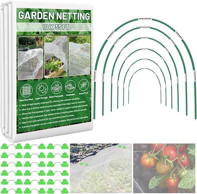 Garden Mesh Netting Kit for Raised Beds, 10x33FT Ultra Fine Mesh Netting&6 Sets 8FT Fiberglass Garden Hoops, Insect Netting Row Cover, Pest Barrier Protection for Vegetable Fruits Flowers