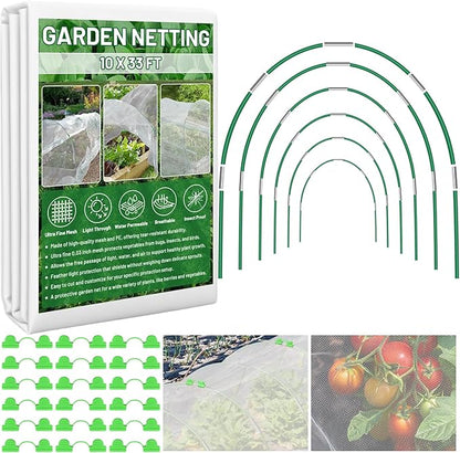 Garden Mesh Netting Kit for Raised Beds, 10x33FT Ultra Fine Mesh Netting&6 Sets 8FT Fiberglass Garden Hoops, Insect Netting Row Cover, Pest Barrier Protection for Vegetable Fruits Flowers