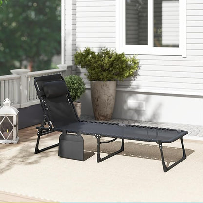 Outsunny Folding Chaise Lounge Chair Outdoor, Sun Tanning Chair with Side Pocket, Carrying Strap, Portable Patio Beach Lounger with 5-Position Reclining Back, Headrest for Pool, Camping, Yard, Black