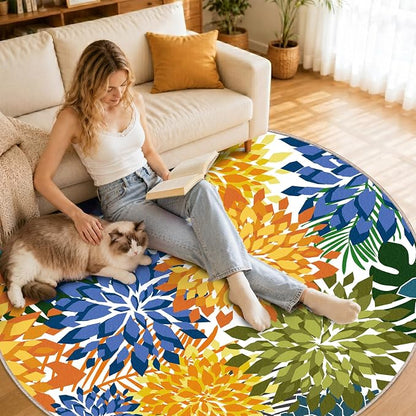 ZonLi Colorful Outdoor Rug 6x6Ft Waterproof Multicolored Indoor Area Rug Washable Outdoor Patio Rugs Tropical Floral Non Slip Outdoor Carpet for Living Room, Pool,Backyard,Deck,Camping