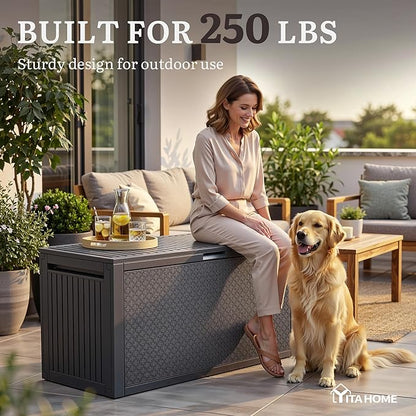 YITAHOME 95 Gallon Large Outdoor Deck Box, Lockable Waterproof Resin Storage Box with Handles, Weatherproof & UV Resistant, Patio Garden Tool Container for Outdoor Furniture, Dark Grey