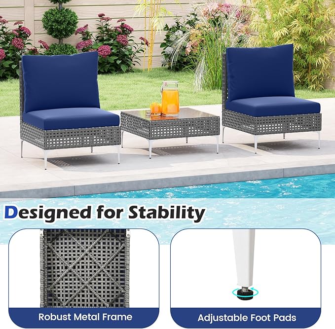 Tangkula 3 Pieces Patio Furniture Set, PE Rattan Conversation Chairs with Tempered Glass Coffee Table, Soft Back & Seat Cushions, Heavy Duty Metal Frame, Outdoor Bistro Set for Garden & Pool (Navy)